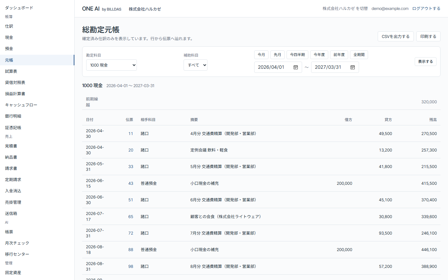 総勘定元帳: 勘定科目ごとの取引の明細と残高