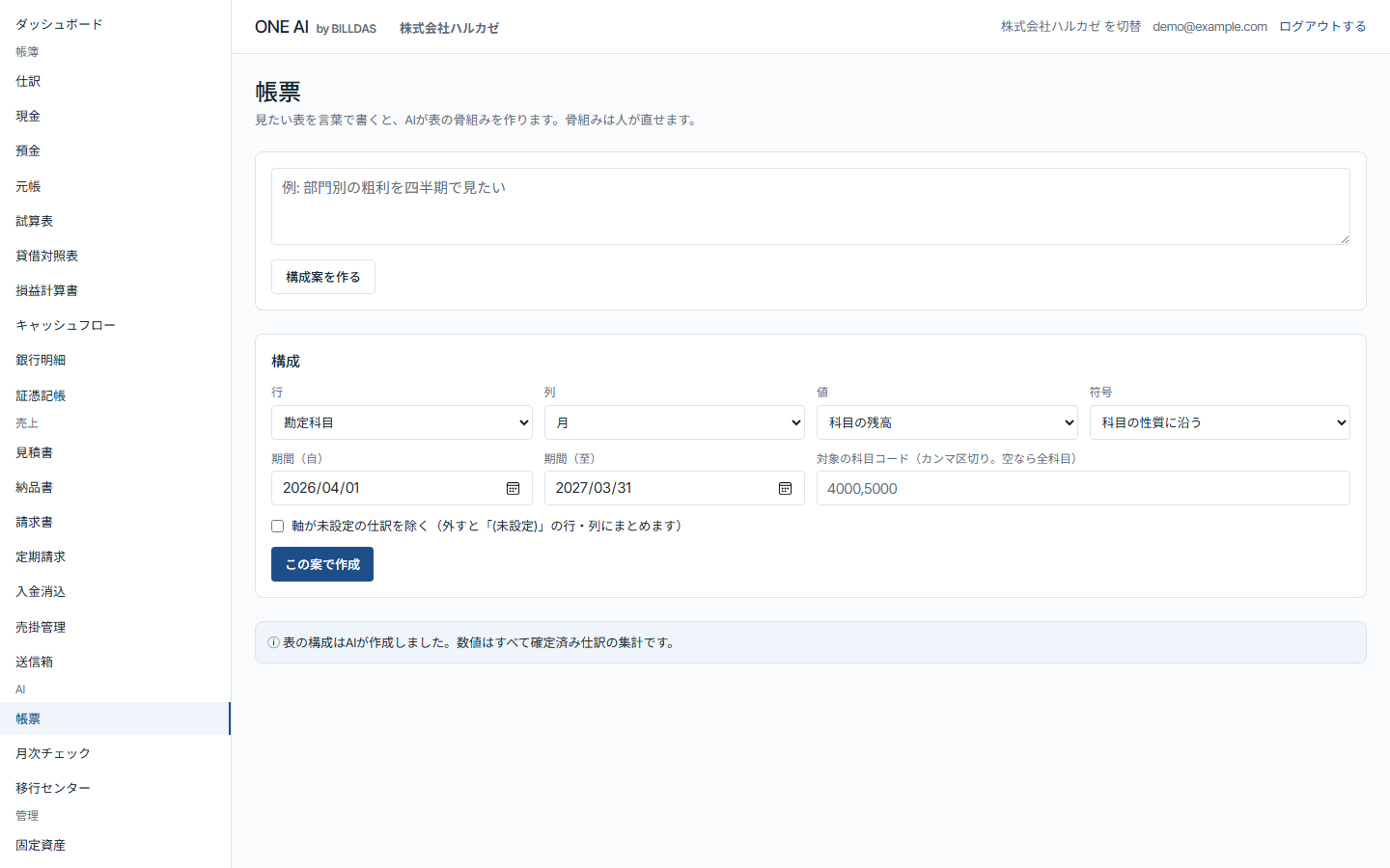 帳票: 見たい表を言葉で書くと AI が行・列・値・期間の構成案を作り、人が直してから作成する