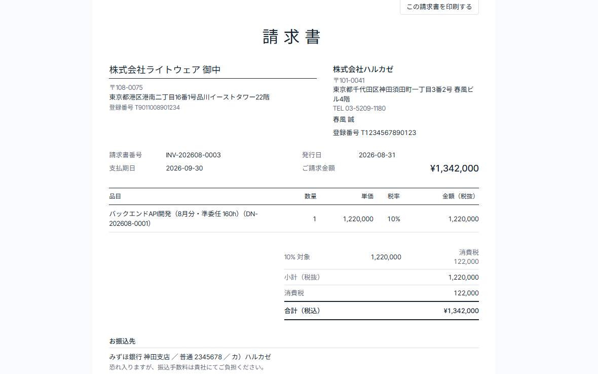 発行した請求書の印刷画面: 登録番号・税率ごとの対価の額と消費税額を記載した適格請求書
